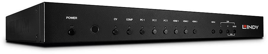 Černý KVM přepínač značky 'LINDY' s několika vstupními možnostmi, včetně HDMI a PC, na přední straně.