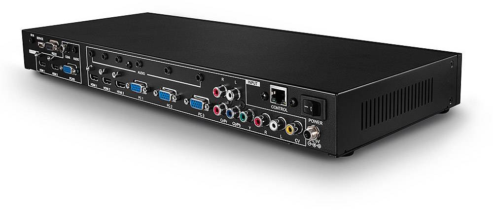 Elektronické zařízení s různými audio a video konektory na zadní straně, včetně HDMI, VGA a RCA.