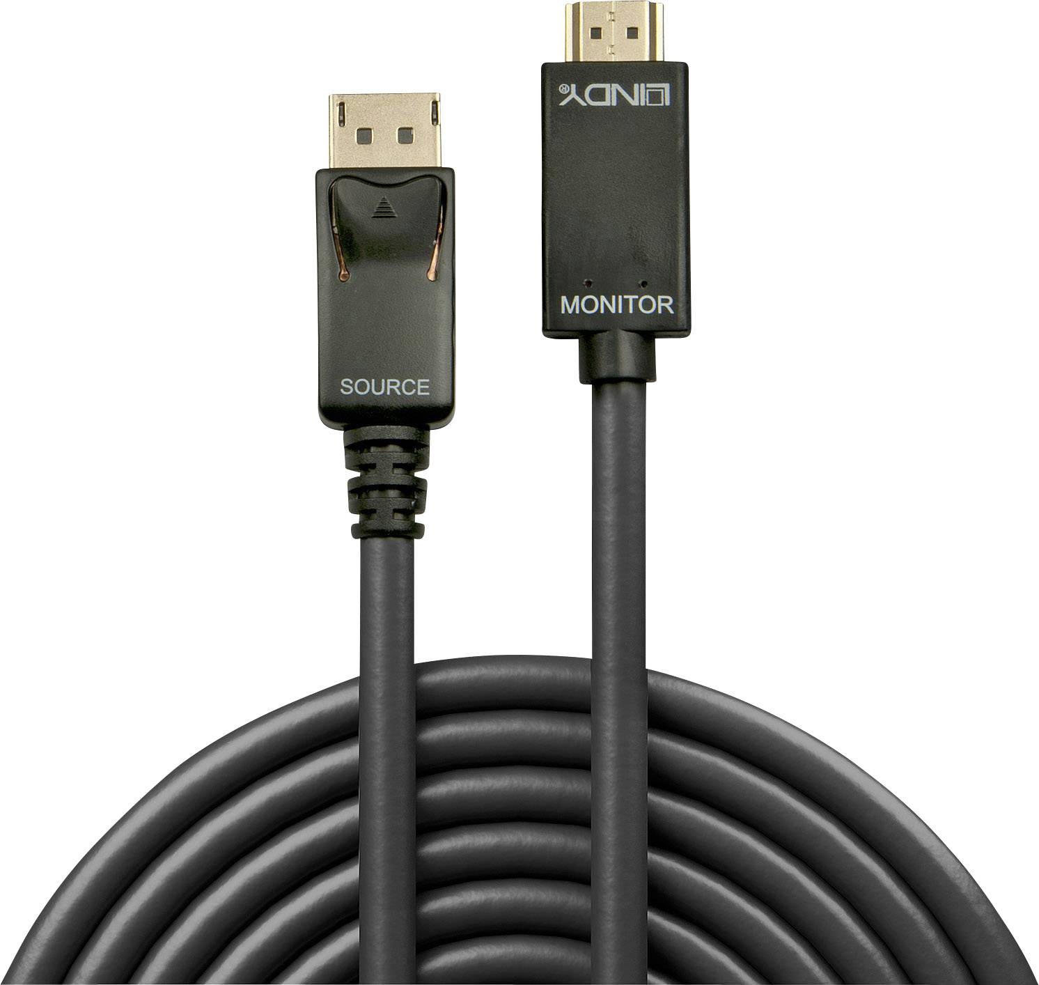 Na černém kabelu jsou dva různé HDMI konektory. Vlevo je nápis 'Source', vpravo 'Monitor'.