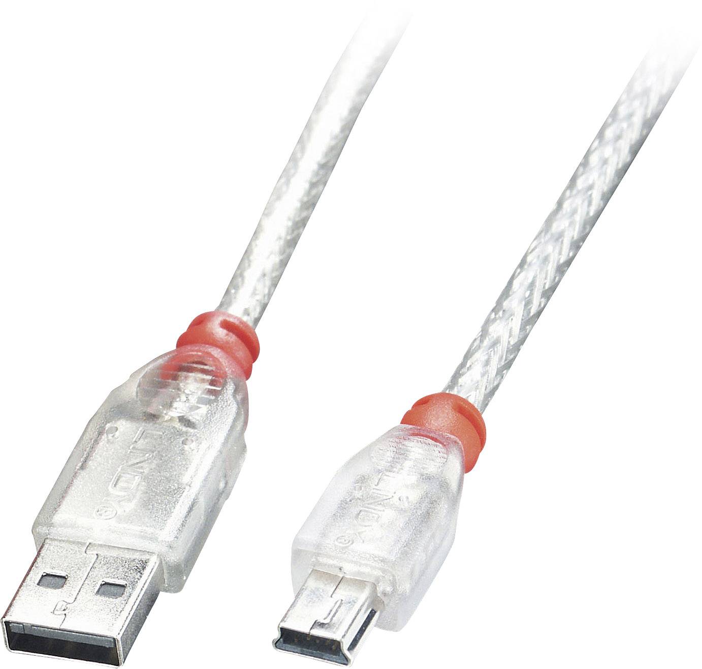 Transparentní USB kabel s červenými akcenty. Vlevo je standardní USB konektor, vpravo mini USB konektor.