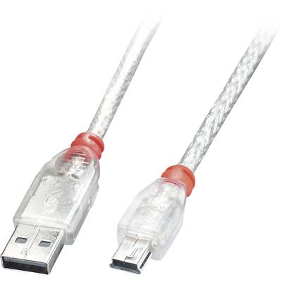 Transparentní USB kabel s červenými akcenty. Vlevo je standardní USB konektor, vpravo mini USB konektor.