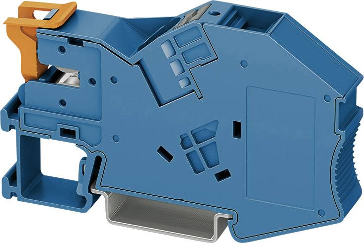 Modrá elektronická součástka, pravděpodobně svorkovnice, s několika připojovacími body a oranžovou pákou.
