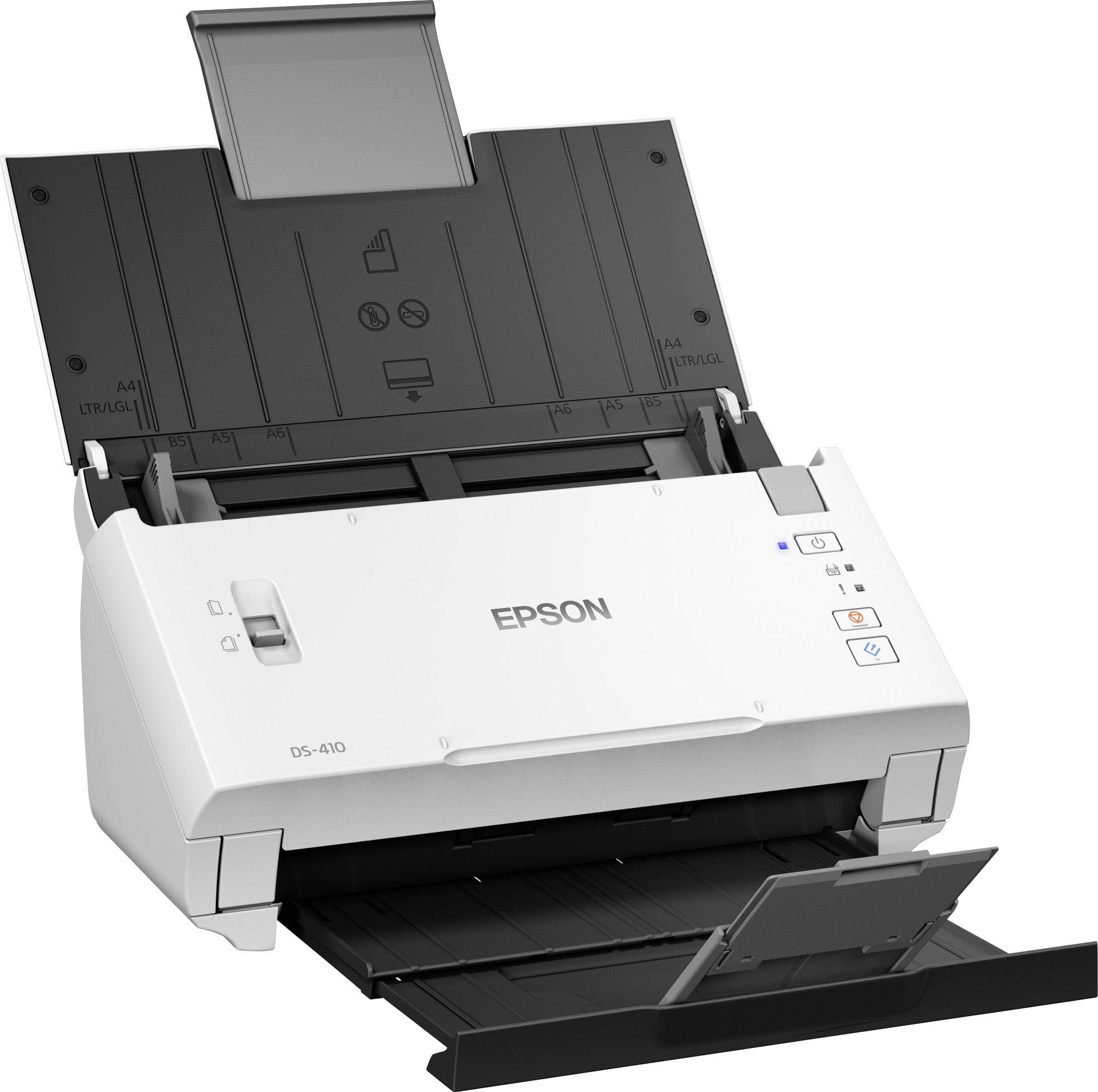 Bílý dokumentový scanner Epson stojí otevřený, připravený ke skenování dokumentů. Tlačítko a logo jsou viditelné.