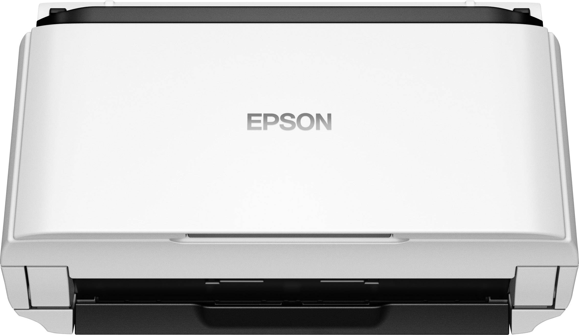 Bílý scanner Epson pohledem shora, kompaktně navržený, s uzavřeným víkem.