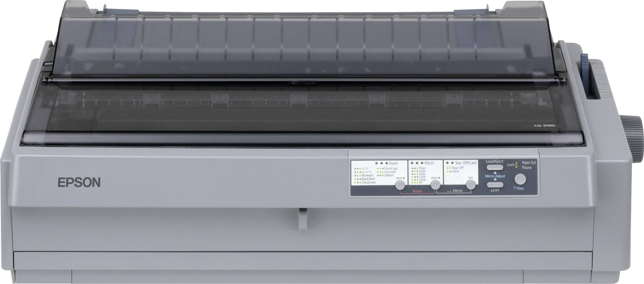 Šedočerná tiskárna Epson s otevřeným podavačem papíru; zobrazuje stavové indikátory a ovládací prvky na přední straně.
