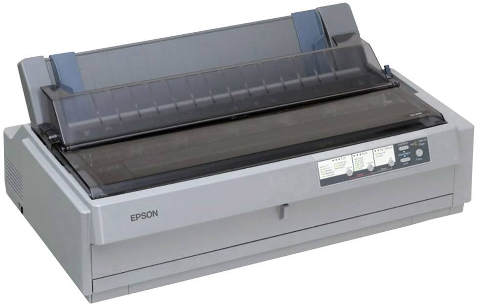 Šedá jehličková tiskárna značky Epson s otevřeným podavačem papíru, vhodná pro tisk formulářů a dokumentů.