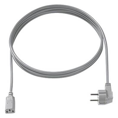 Šedý síťový kabel s ochranným kontaktním kolíkem na pravé straně a IEC konektorem na straně levé.