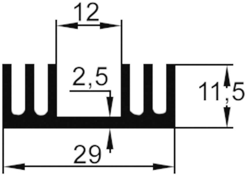 Příčný řez profilu s rozměry: šířka 12 mm, hloubka 2,5 mm, výška 11,5 mm. Celková délka činí 29 mm.