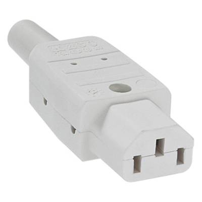 Bílá IEC-C15 zástrčka s obdélníkovým tvarem a třemi kontakty, často používaná pro elektrozařízení s vysokou teplotou.