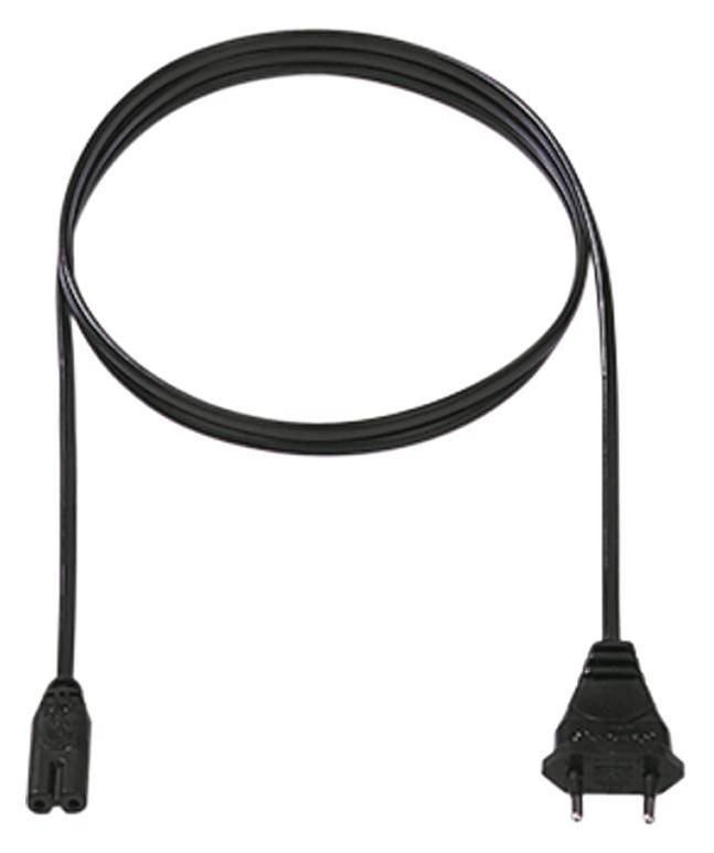 Černý elektrický kabel s dvoupólovým konektorem a zásuvkou, vhodný pro elektrické spotřebiče.