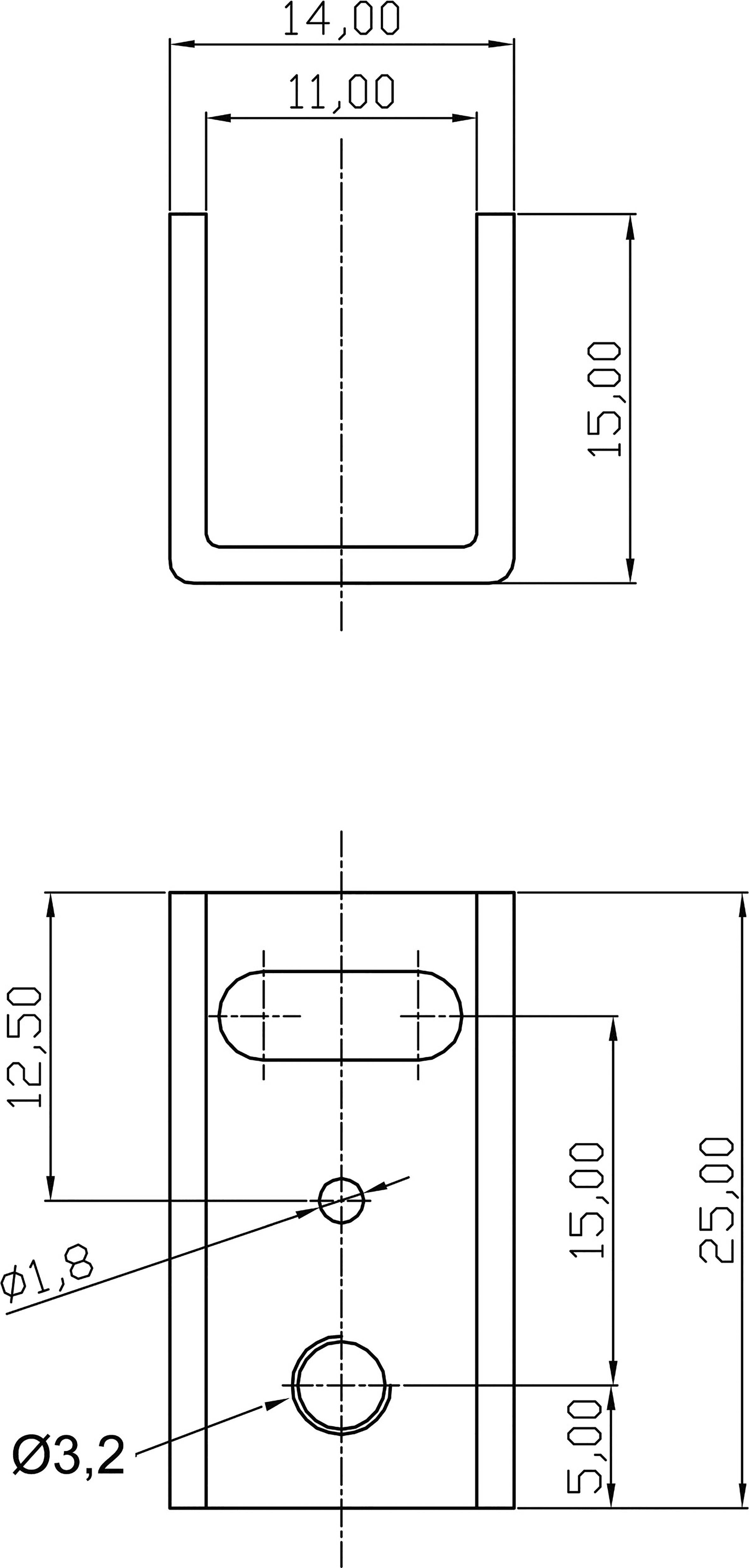 'Technický výkres součásti s rozměry: šířka 14 mm, výška 15 mm, otvory o průměru 1,8 mm a 3,2 mm, vzdálenost 5 mm.'