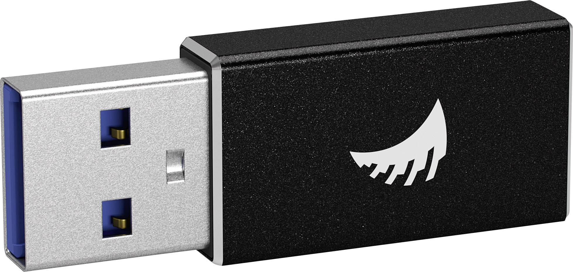 Černý USB flash disk se stříbrným konektorem a bílým logem na těle.
