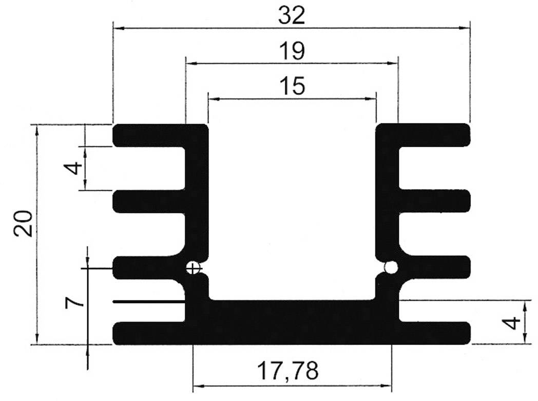 Diagram znázorňuje chladič s rozměry: šířka 32 mm, výška 20 mm, střední vzdálenost 15 mm. Další relevantní rozměry jsou rovněž vyznačeny.