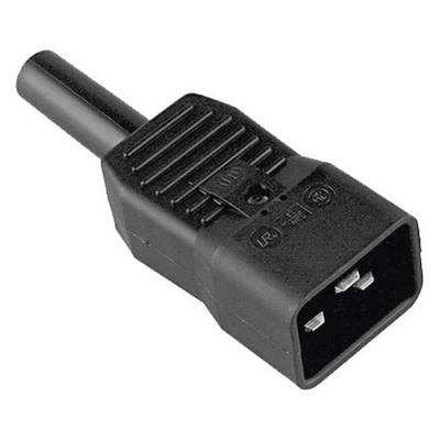 Černý síťový konektor IEC C14 se třemi kovovými kontakty a strukturovanou rukojetí.