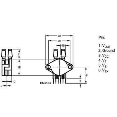 Schéma zapojení elektronické komponenty se schématem pinů: 1. V_OUT, 2. Uzemnění, 3. V_CC, 4. V_1, 5. V_2, 6. V_EX.