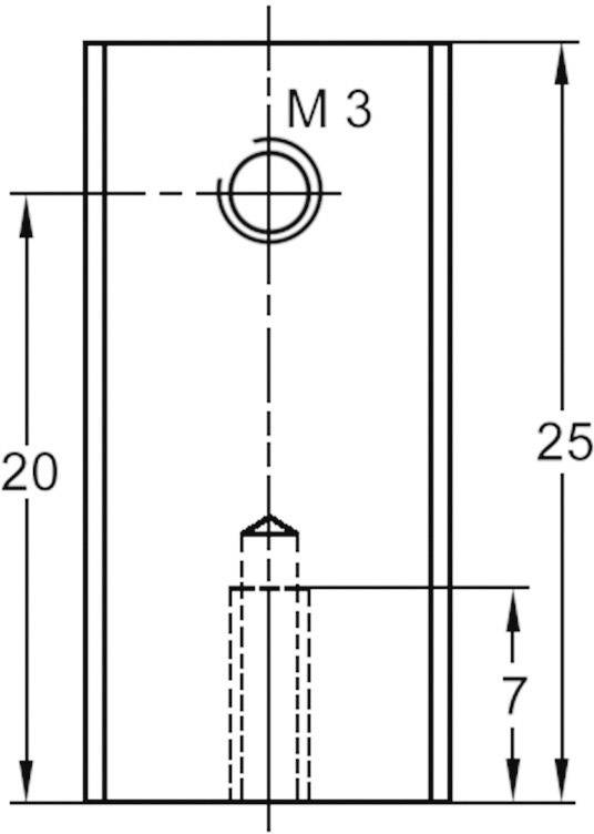 Technický výkres obdélníkové součástky s otvorem 'M3' nahoře. Rozměry: šířka 20 mm, výška 25 mm, spodní otvor 7 mm.