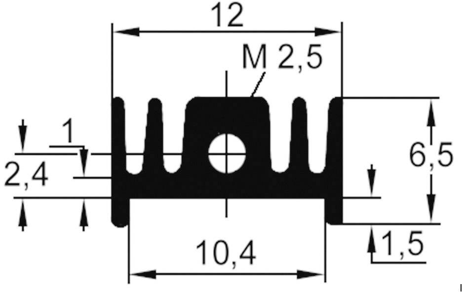 Technický výkres chladiče s rozměry: šířka 12 mm, výška 6,5 mm, vnitřní otvor 'M 2,5', další rozměry: 10,4 mm, 2,4 mm, 1,5 mm.