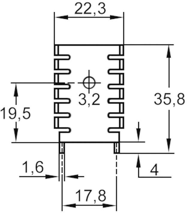 Technický výkres elektronické součástky s rozměry: šířka 22,3 mm, výška 35,8 mm, průměr otvoru 3,2 mm.