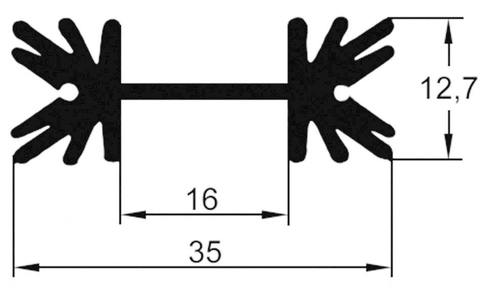 Diagram černého gumového profilu ve tvaru činky se dvěma rukama na koncích, délka 35 mm, výška 12,7 mm, šířka 16 mm.