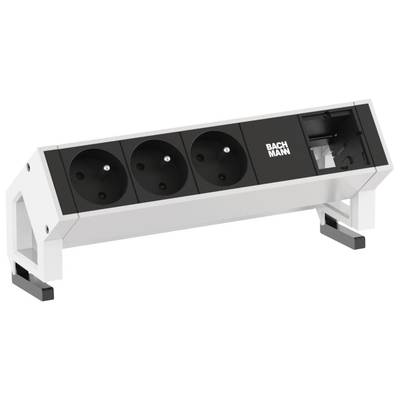 Bílý prodlužovací rozvodný panel s třemi elektrickými zásuvkami a dvěma volnými spínači nebo USB porty, označený značkou 'BACHMANN'.