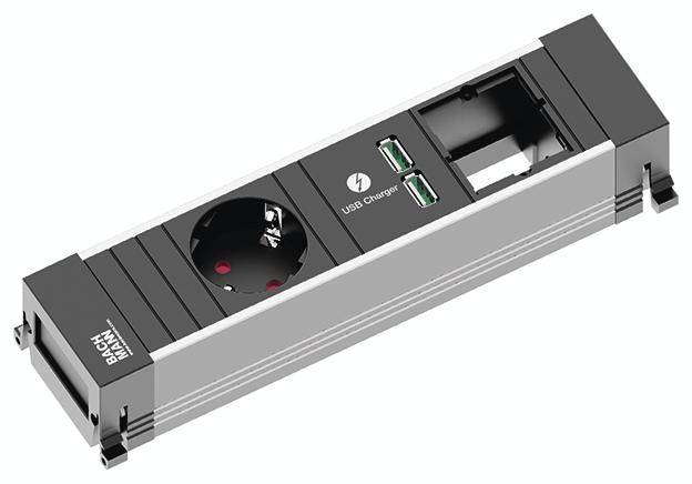 Prodlužovací lišta s jednou elektrickou zásuvkou, dvěma USB nabíjecími porty a síťovým připojením, vhodná pro kancelářské nebo domácí použití.