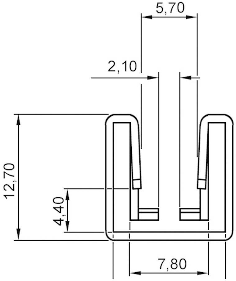 Technický výkres U-profilu s rozměry: výška 12,70 mm, šířka 7,80 mm, vnitřní výška 4,40 mm, šířka drážky 2,10 mm, celková šířka 5,70 mm.