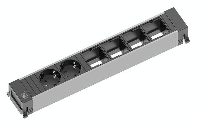 'Powerframe': Elektrická zásuvková lišta se dvěma obsazenými a čtyřmi volnými místy pro zásuvky. Kompaktní design pro kanceláře.