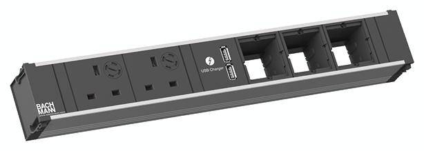 Rozbočovač se dvěma elektrickými zásuvkami, dvěma USB nabíjecími porty a třemi volnými modulovými pozicemi; vhodný pro flexibilní kancelářské instalace.