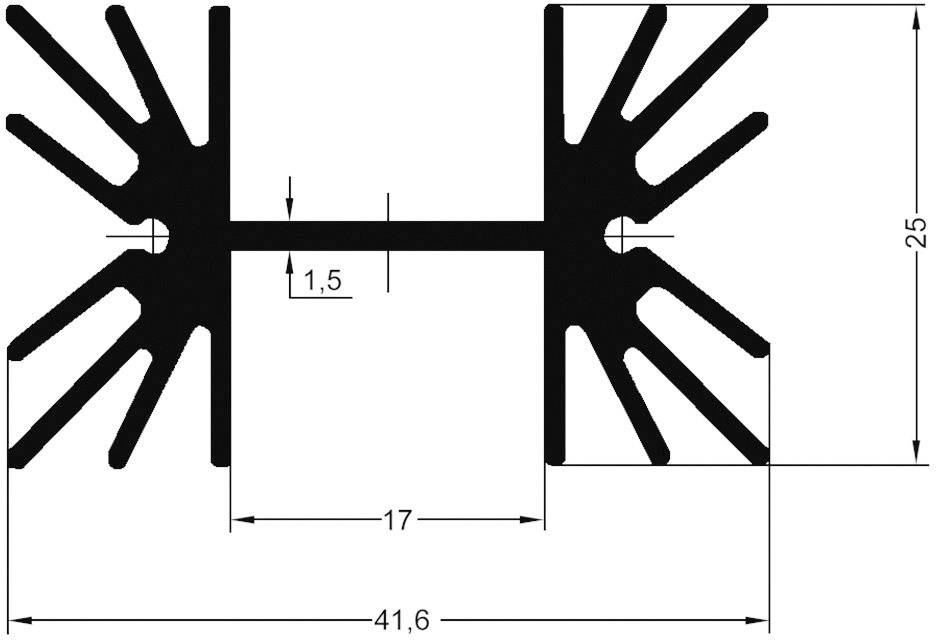 Technický výkres trubkovitého profilu se dvěma symetrickými dutinami, výška 25 mm a šířka 41,6 mm.