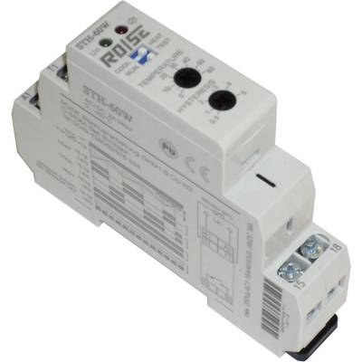 Bílý elektronický termostatický regulátor pro montáž na lištu s ovládacími tlačítky pro nastavení teploty, technickými popisy a připojovacími svorkami.
