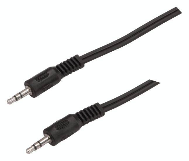 Dva černé audio kabely s 3,5mm jack konektory na každém konci, vhodné pro připojení audioařízení.