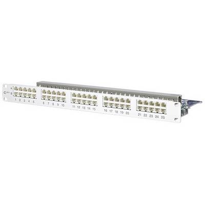 Patch panel s 25 porty RJ45, číslovanými od 1 do 25, pro organizaci síťových kabelů v racku.