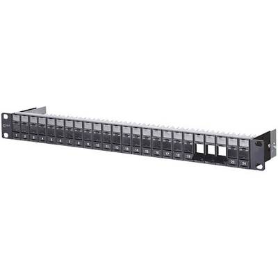 Patch panel se 24 očíslovanými porty, symetricky uspořádanými. Značení portů usnadňuje identifikaci kabelových propojení.