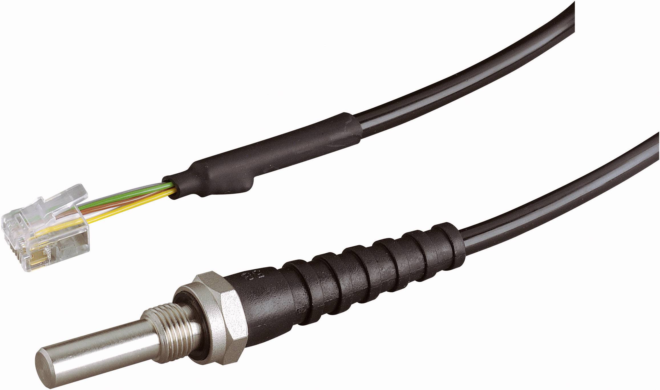 Teplotní senzor s RJ konektorem a různými kabely, vhodný pro elektronické spoje.