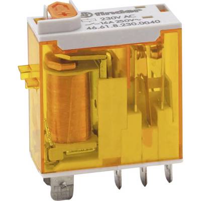 Oranžové elektromagnetické relé s napětím 230V AC, 16A, kde jsou viditelné vinutí a svorky dole.