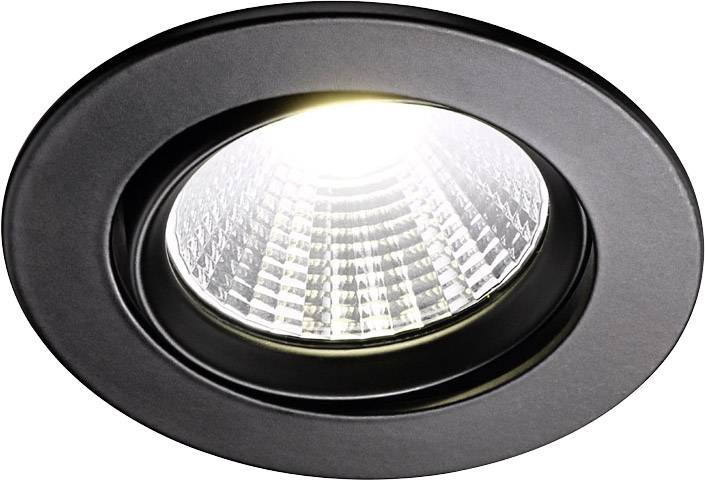 Kulatý černý vestavný reflektor se světlým LED osvětlením, vhodný pro moderní interiérové osvětlení, který vykazuje rafinovaný design.
