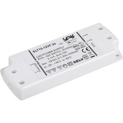 LED driver pro 12V osvětlení. Bílý obdélníkový tvar s technickými specifikacemi: vstupní a výstupní napětí, proudová intenzita, firemní logo.