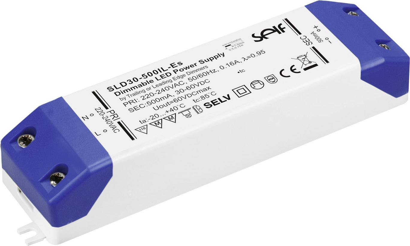 LED driver s modrými koncovými krytkami a vytištěnými technickými specifikacemi. Vhodný pro stmívatelné LED osvětlovací systémy.
