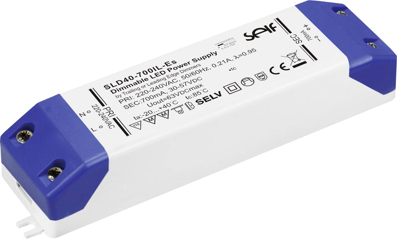 Obdélníkový, bílý LED napájecí zdroj s modrými koncovkami. Model SLD40-700IL-E5 pro stmívatelné LED lampy, vstup 220-240V AC, výstup 30-56V DC.