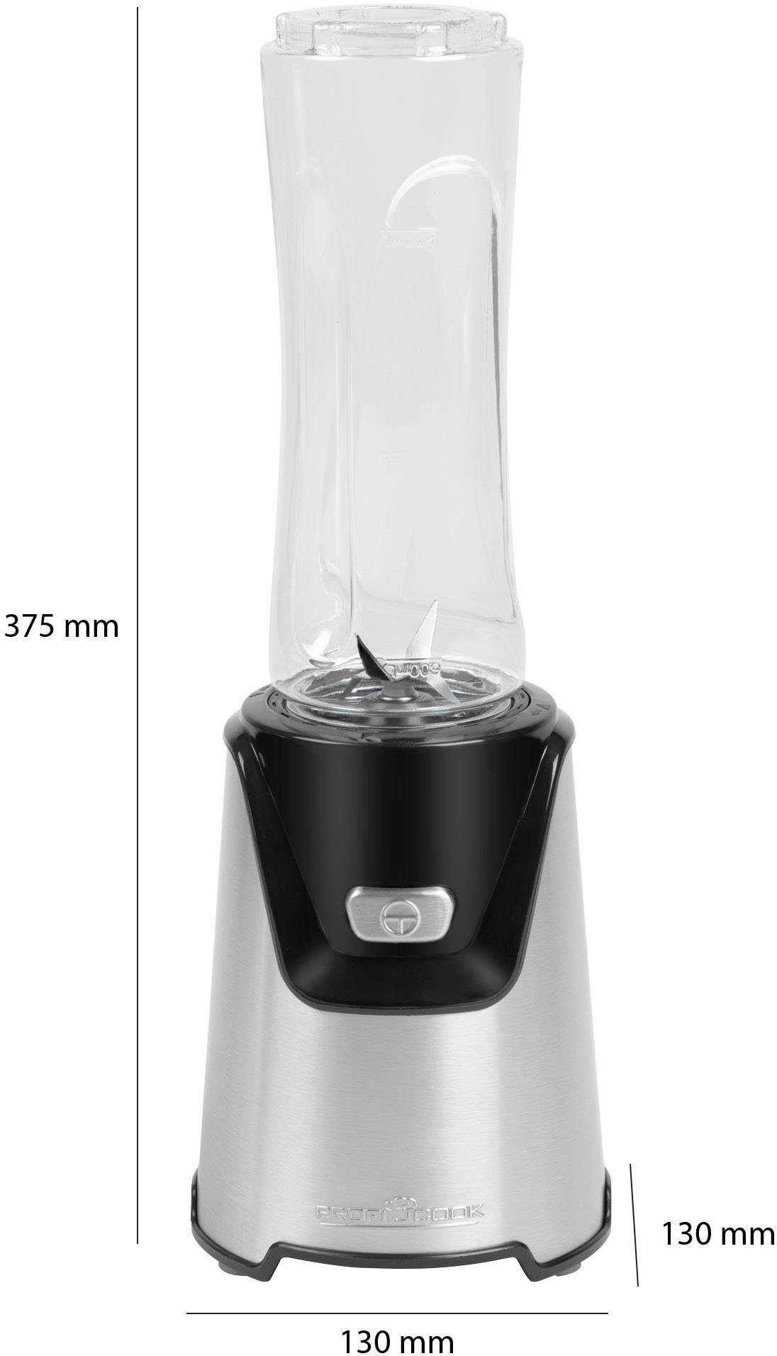Stolní mixér s nerezovou základnou a plastovou nádobou; rozměry: 375 mm výška, 130 mm šířka.