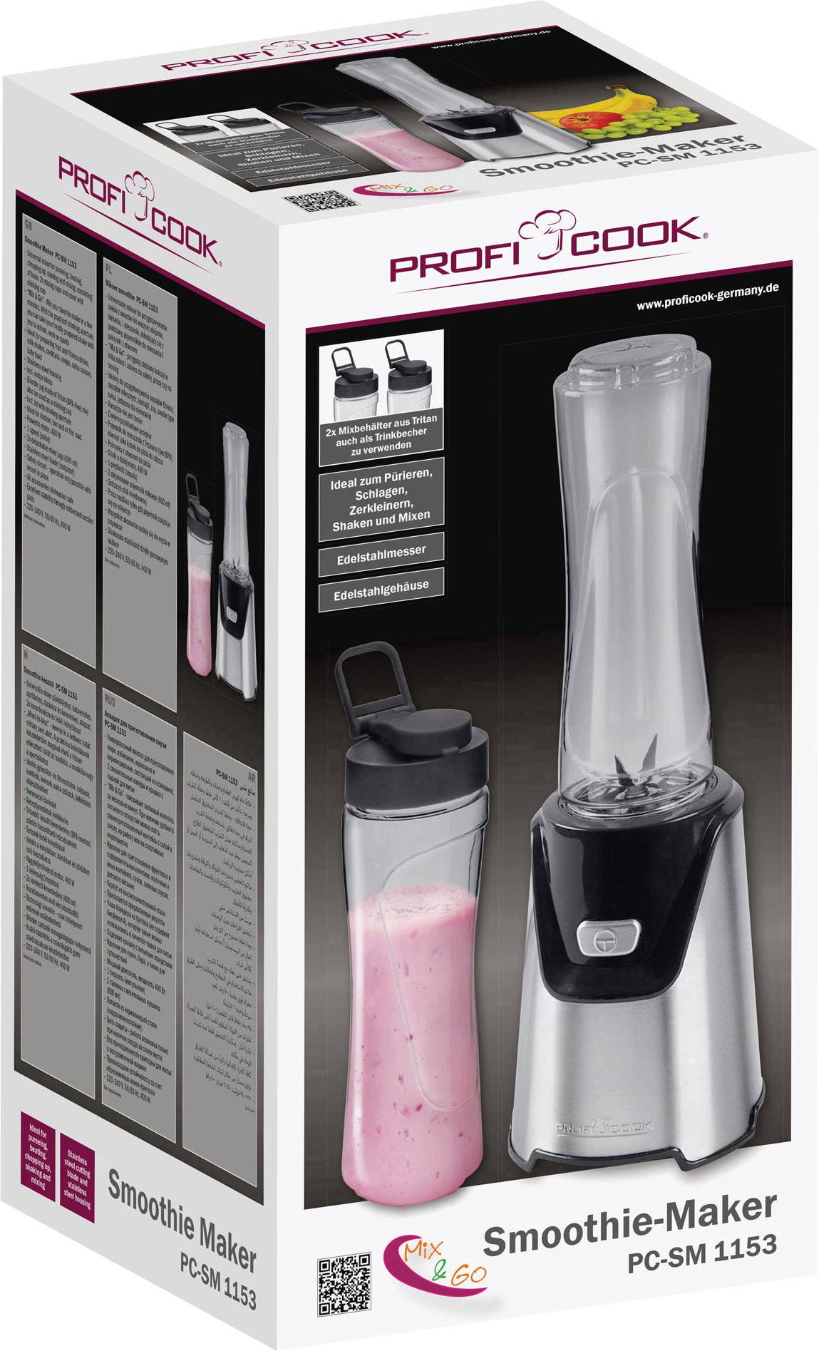 Obal mixéru na smoothie 'PC-SM 1153' od ProfiCook. Obrázek ukazuje mixér a láhev s růžovým smoothie.