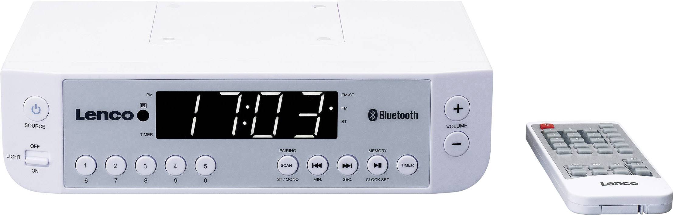 Digitální rádiobudík s funkcí Bluetooth. Zobrazuje čas '17:03'. S dálkovým ovládáním vpravo.