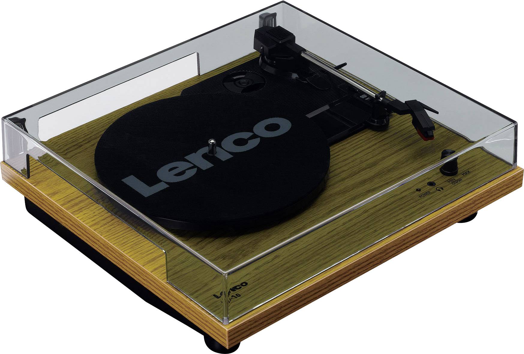 Gramofon se dřevěnou skříní a průhledným krytem. Logo 'Lenco' je viditelné na krytu otočného talíře.