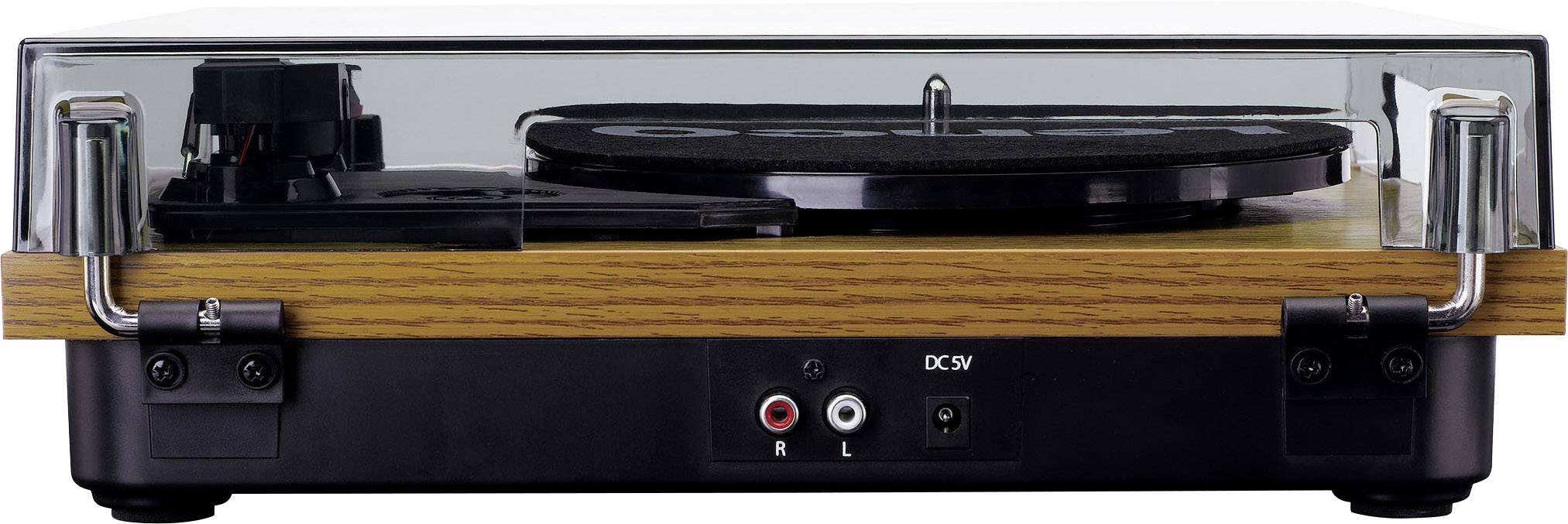 Gramofon se dřevěnou základnou a průhledným krytem. Na zadní straně jsou viditelné vstupy pro audio výstup a napájení.