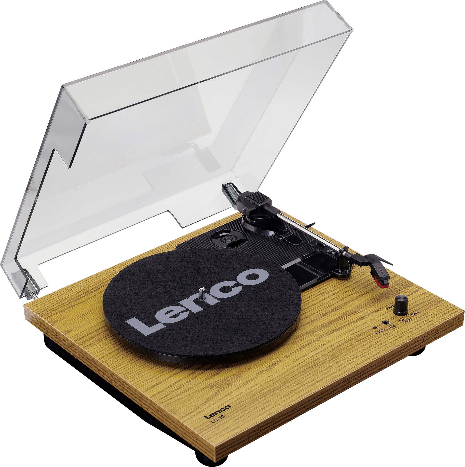 Gramofon ze dřeva s průhledným krytem, přenoska a jehla umístěny vpravo. Na podložce je nápis 'Lerico'.