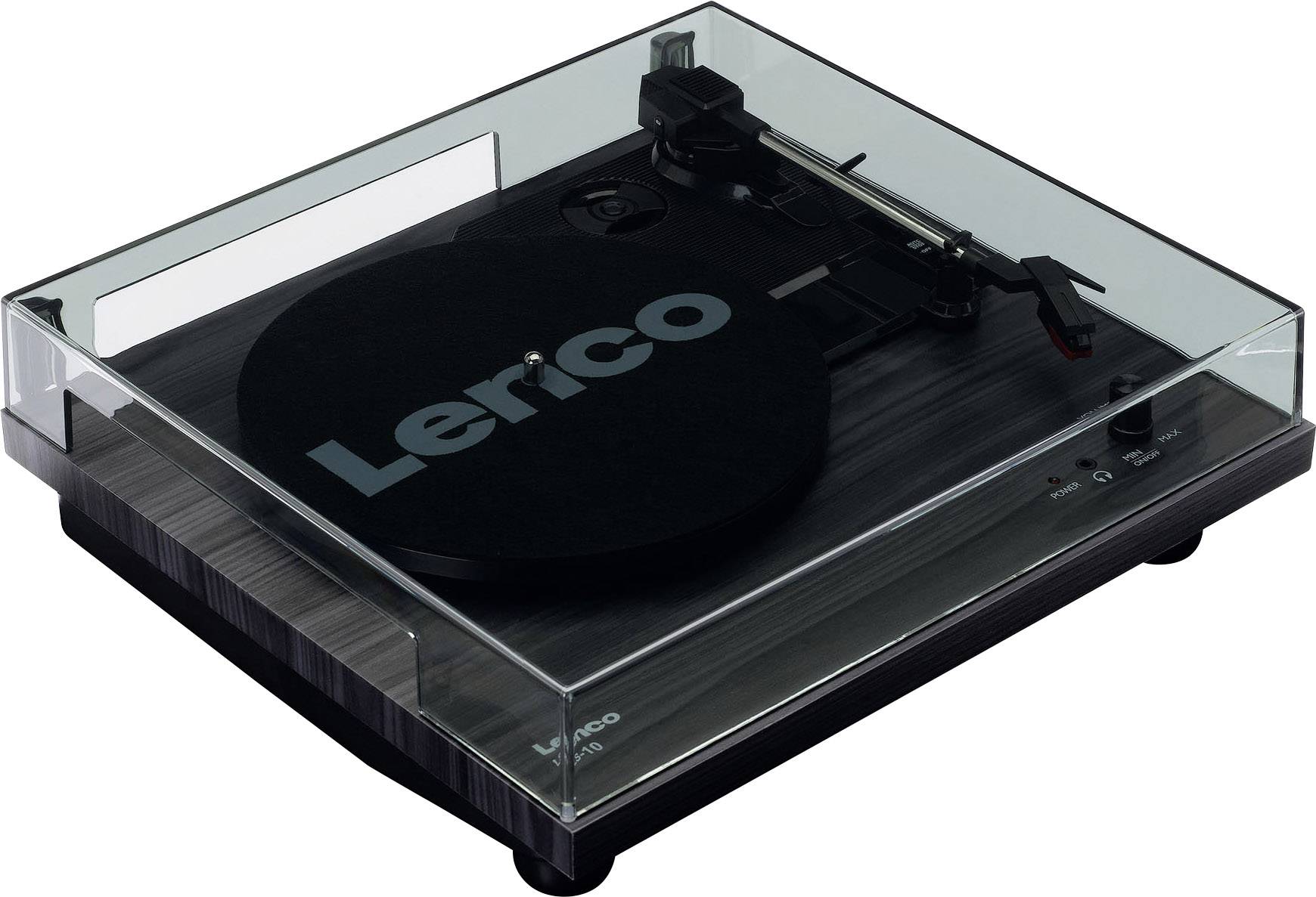 Gramofon s průhledným krytem, ukazující tónové rameno a otočný talíř, značka a model 'Lenco'.