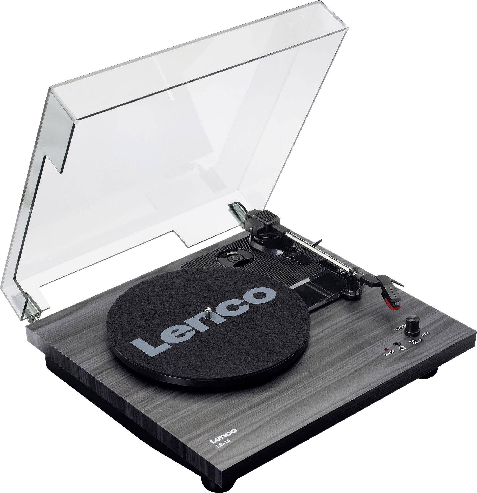 Gramofon s otevřeným krytem. Černá základna s velkým logem 'Lerico' na podložce. Přenoska umístěna vpravo.