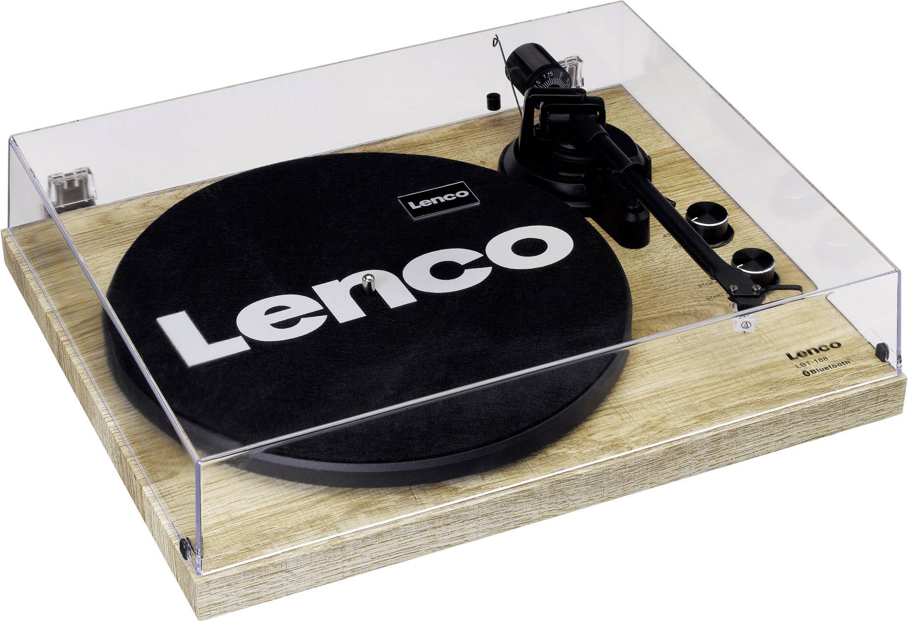 Gramofon se základnou s designem dřeva, průhledným krytem a černým nápisem Lenco na talíři.