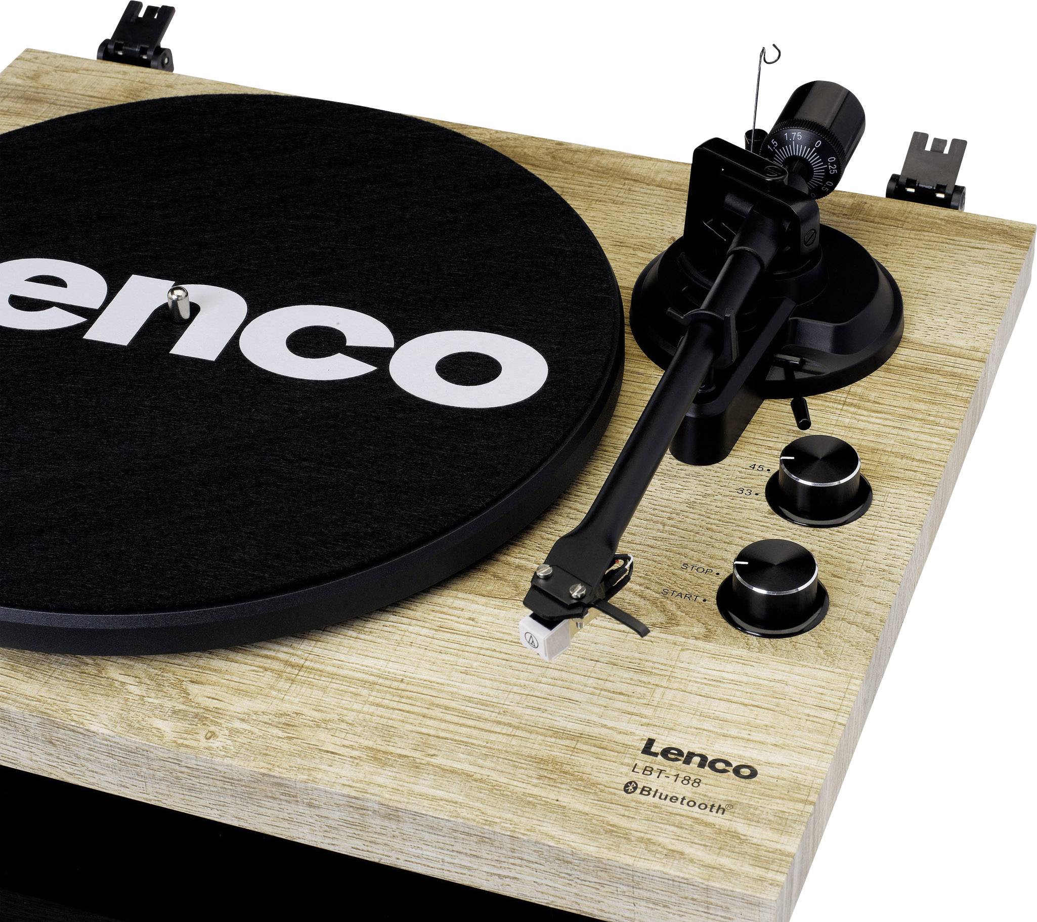Gramofon se dřevěnou skříní značky 'Lenco' s viditelnými ovládacími prvky a funkcí Bluetooth.