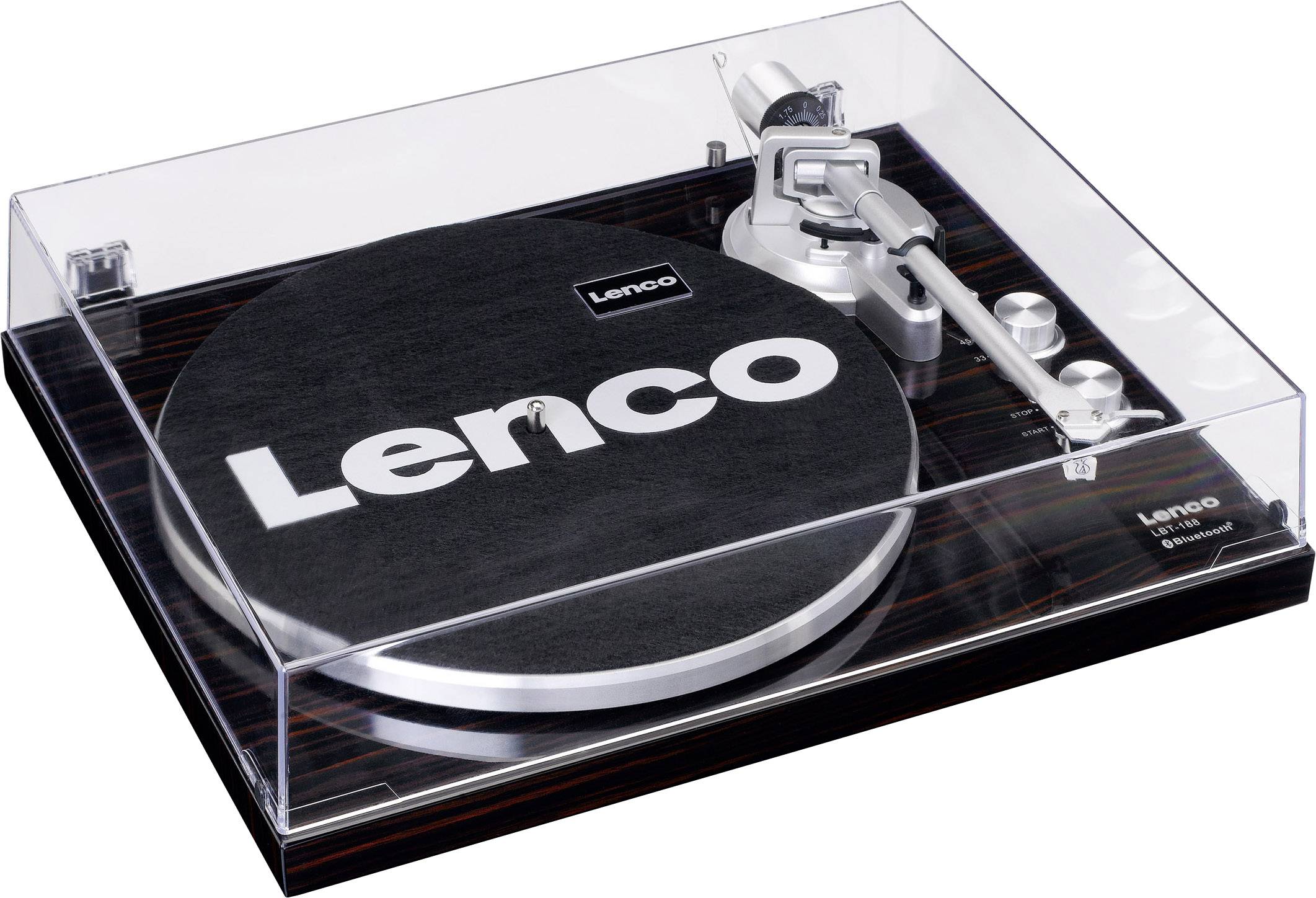 Gramofon značky Lenco s průhledným krytem a černým dřevěným podstavcem. Viditelné jsou přenoska a otočné ovládací prvky.